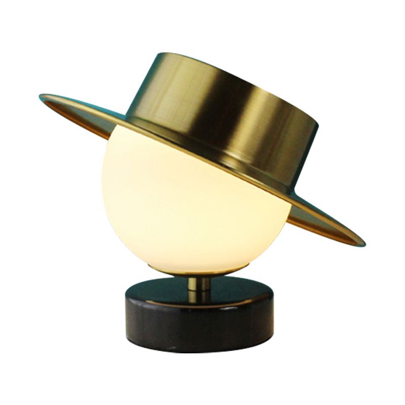 Hat Metallic Table Light Contemporary 1 Head Brass Nightstand Lamp with Milk Glass Shade