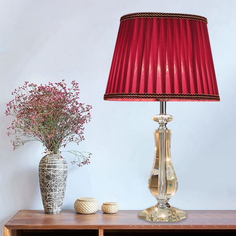 1 Head Flared/Pleated Shade Table Light Traditional Beige/Burgundy/Sky Blue Fabric Nightstand Lamp with Crystal Column