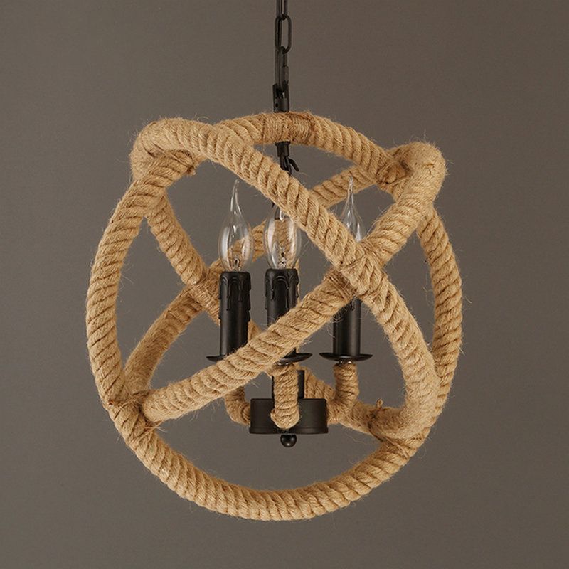 Globe Chandelier Natural Manila Rope Retro Bedroom Light Study Room Light