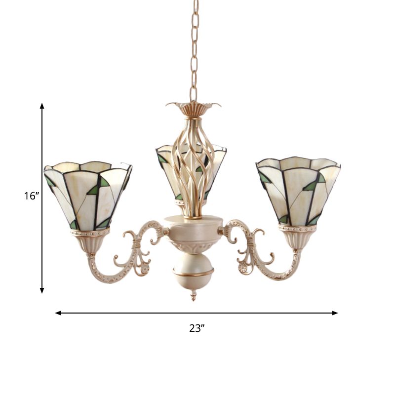 Lodge Conical Pendant Light with Adjustable Chain 3 Lights Stained Glass Chandelier in Beige
