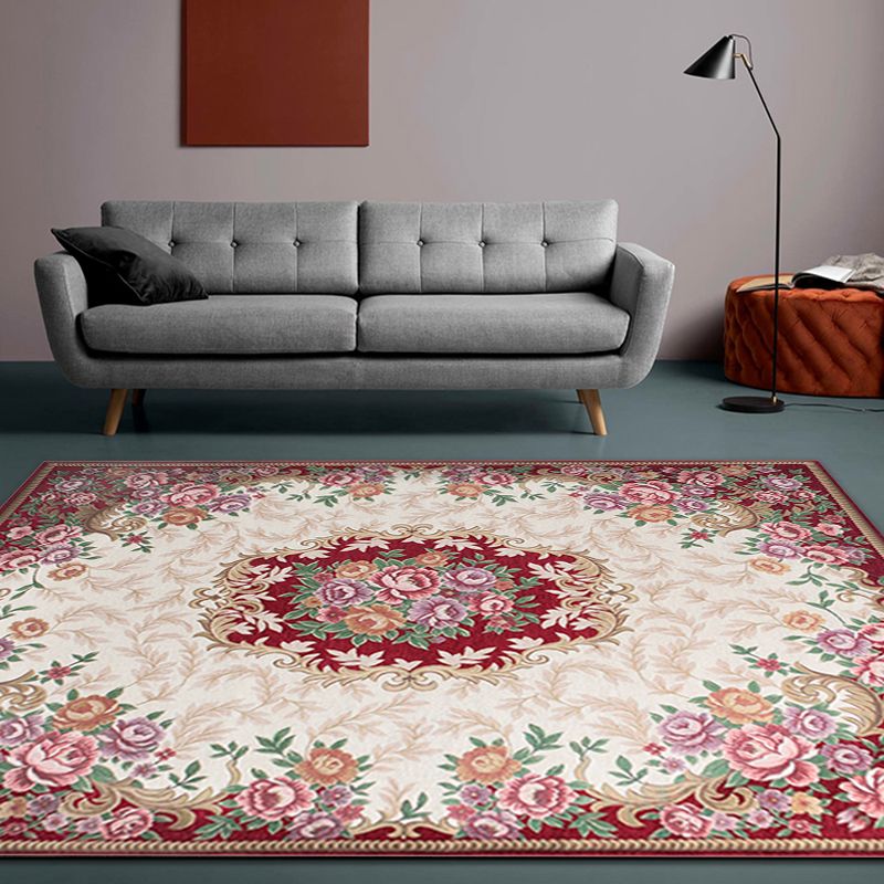 Luxurious Blossom Pattern Rug with Leaf Multicolor Vintage Carpet Polyester Washable Pet Friendly Anti-Slip Area Rug for Parlour