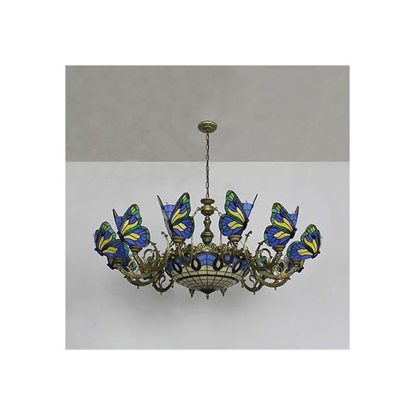 Butterfly Indoor Pendant Light Stained Glass Tiffany Chandelier Lamp in Dark Blue/Sky Blue/Beige/Blue for Hallway