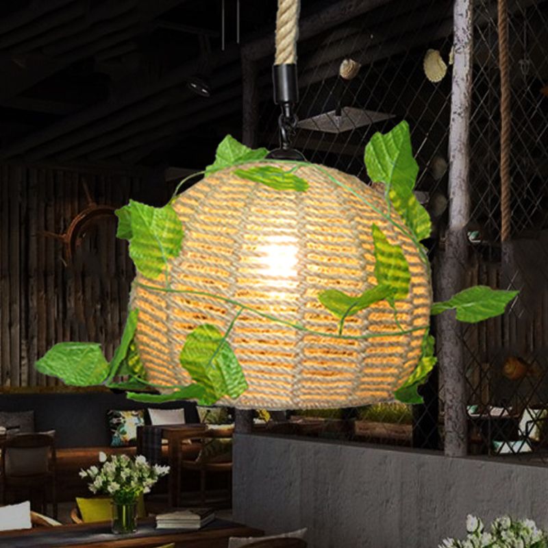 1 Bulb Dome Pendant Light Vintage Beige Hemp Rope LED Plant Hanging Lamp for Restaurant