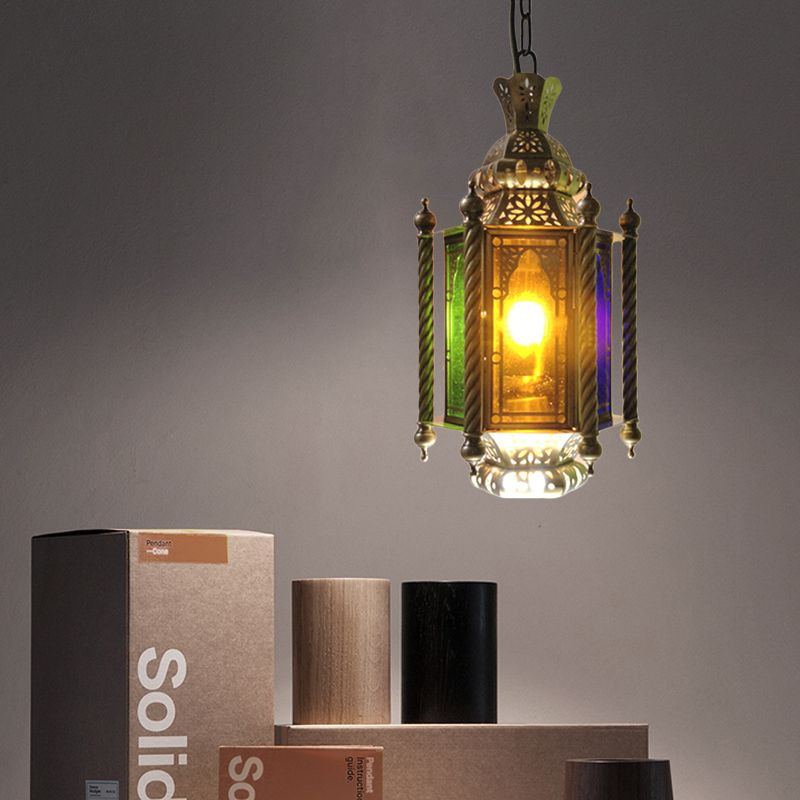 2 koppen lantaarn kroonluchter verlichting Arabische koperen afwerking Metallic hangende lampkit met veelkleurige glazen schaduw