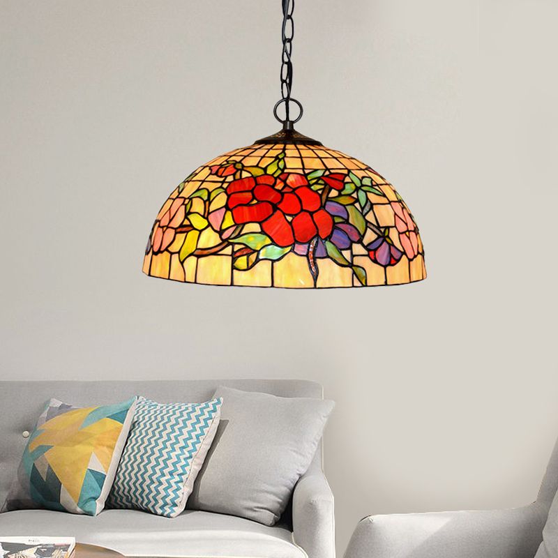 2 Lights Floral Ceiling Chandelier Tiffany-Style Red/Pink Stained Glass Pendant Lamp for Kitchen