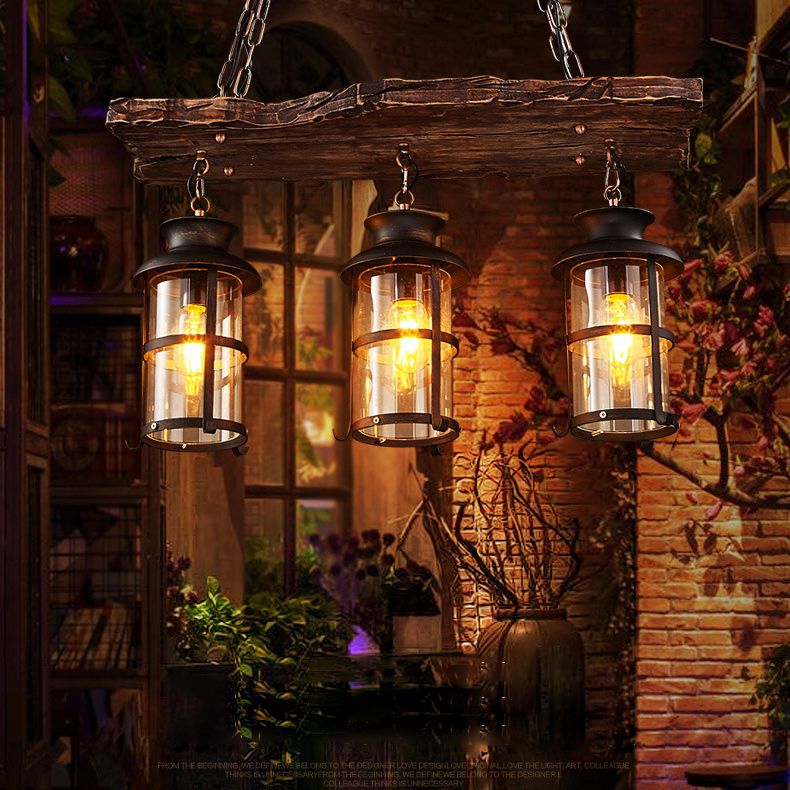 Cylindrical Pendant Industrial Wood Ceiling Pendant with Hanging Chain for Bar