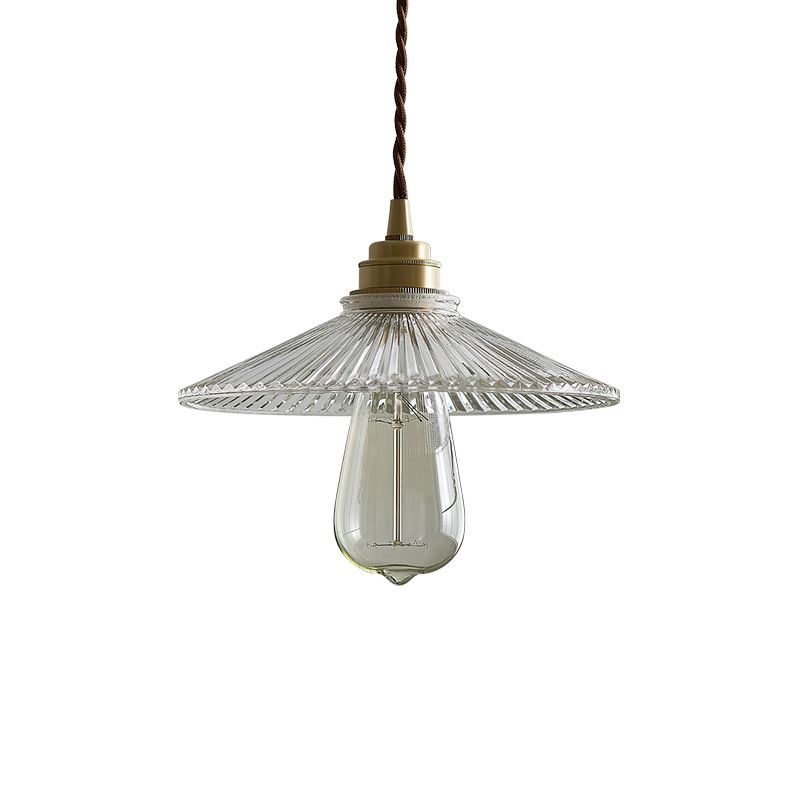 Clear Ribbed Glass Conical Suspension Lighting Retro Style Single Dining Room Pendant Ceiling Light