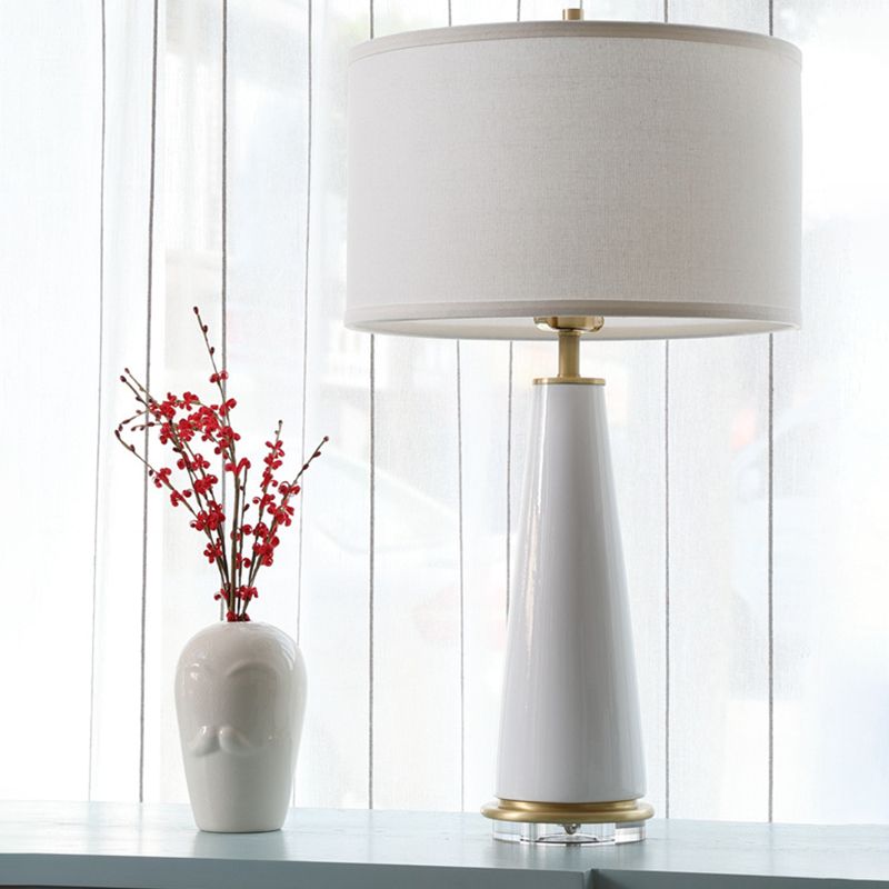 Fabric Cylinder Table Light Modern 1 Bulb Desk Lamp in White with Cone Ceramic Base