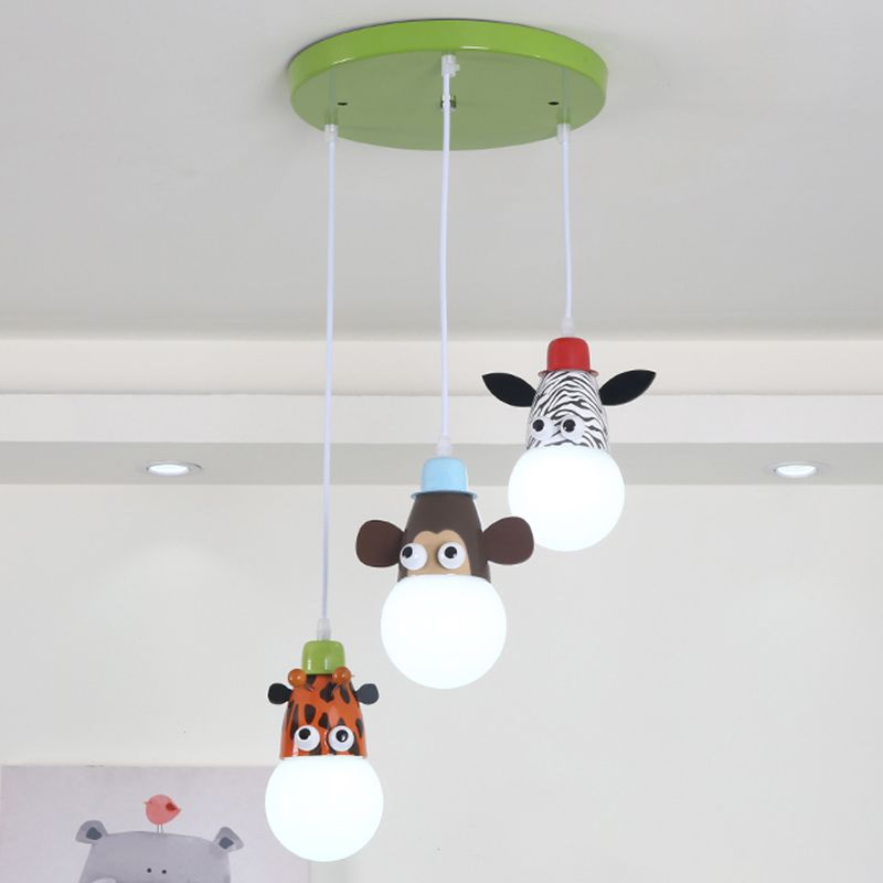 Metal Animal Head Cluster Pendant Cartoon 3 Lights White-Green Hanging Light for Kids Bedroom