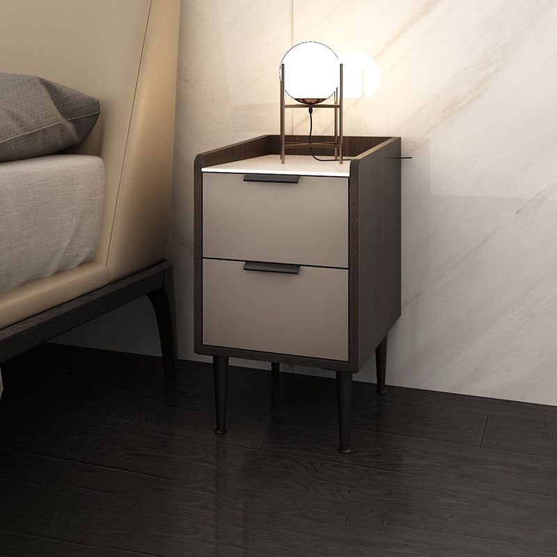 Espresso Wood and Off-White Night Table  Modern Stone and Pearl Wood Bedside Cabinet