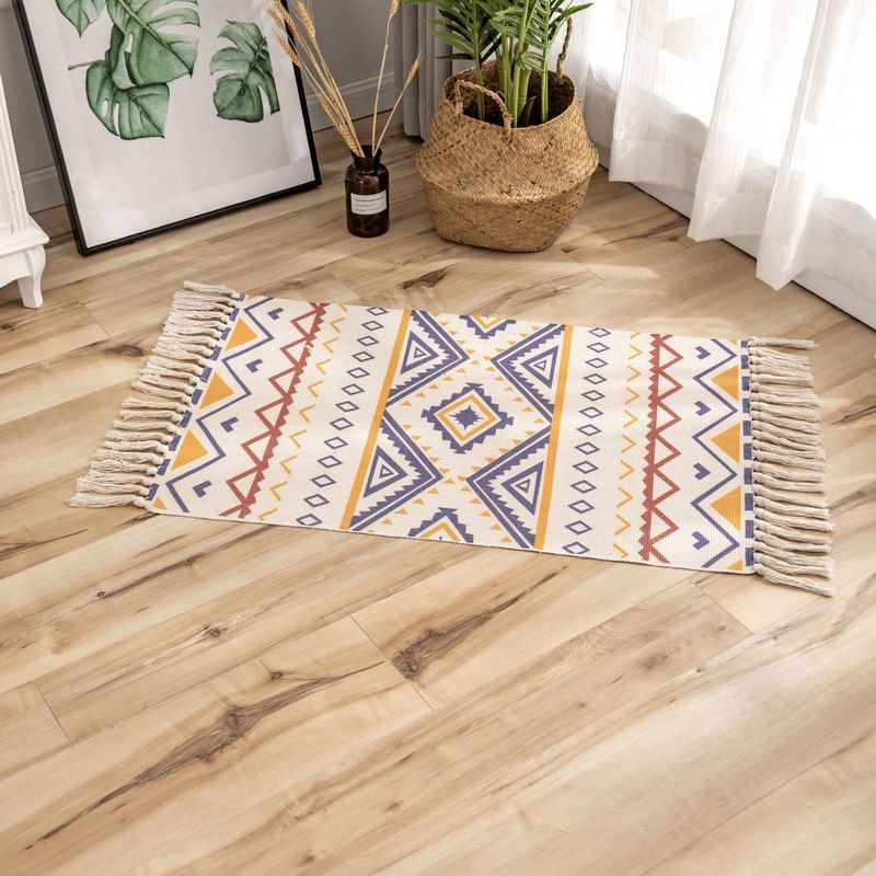 Classic Geometric Printed Rug Multi-Colored Cotton Blend Carpet Easy Care Washable Rug with Fringe for Bedroom