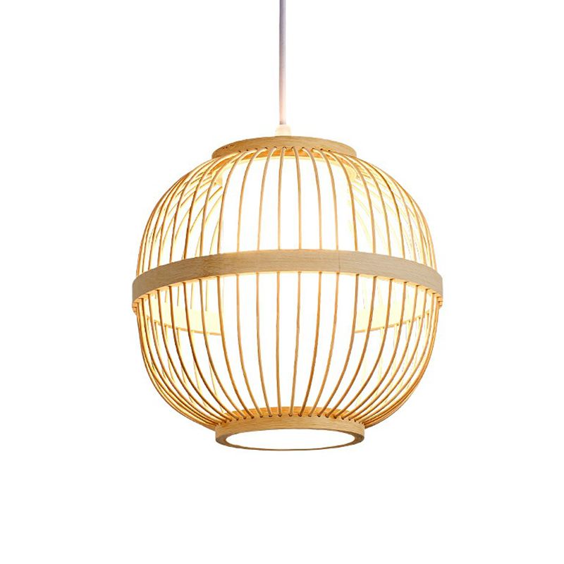 Spherical Ceiling Lamp Asia Bamboo 1 Bulb Tea Room Hanging Pendant Light in Wood