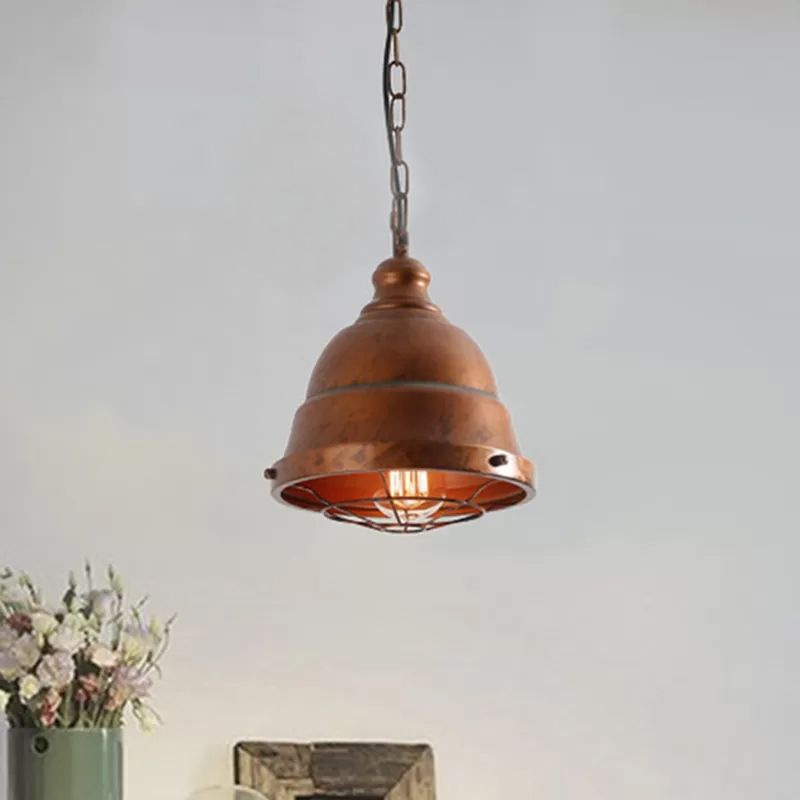 Metal Caged Hanging Ceiling Light Vintage 1 Light Dining Room Pendant Lamp in Rust