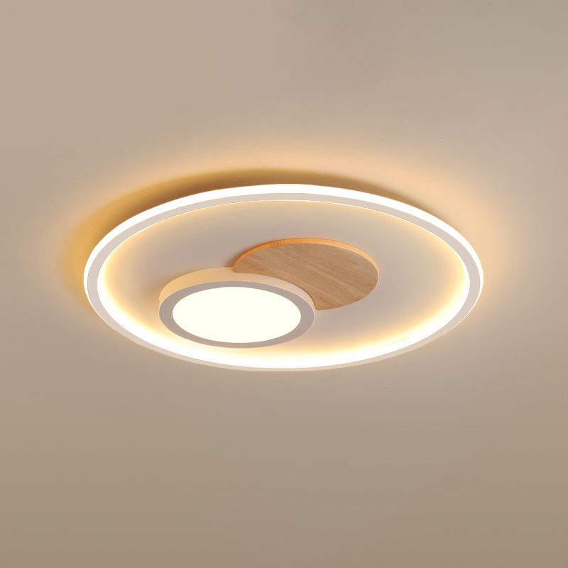 White Round Flush Light Modern Wood LED Ceiling Light Fixture for Bedroom