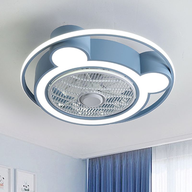 Lámpara de ventilador colgante de cabeza de oso de modernismo 21.5 "de ancho LED acrílico Semi Flush Luz montada en rosa/azul con anillo