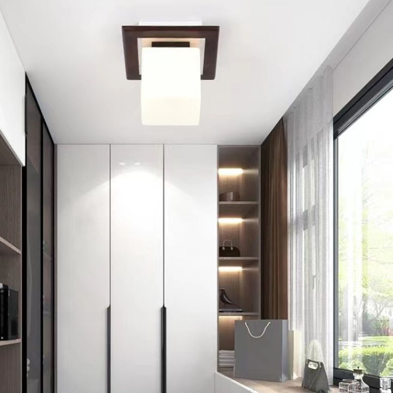 Modern Wood Flush Mount Square Shape Ceiling Light with Glass Shade for Living Room