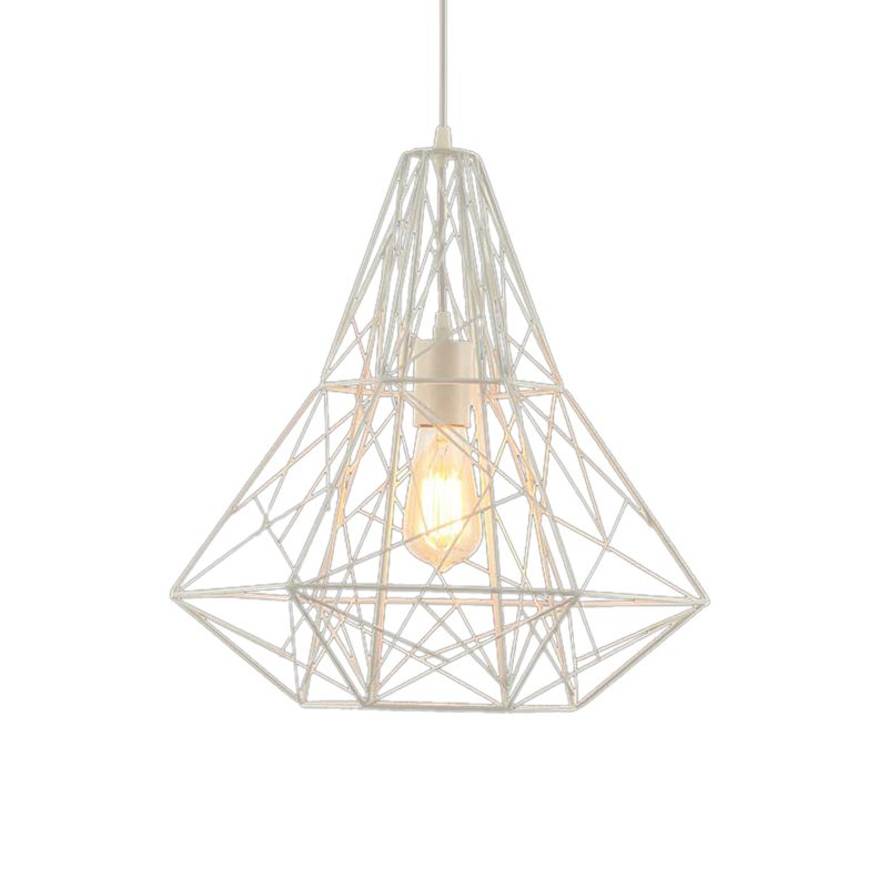 Industrial Cage Diamond Pendant Lighting 1 Head Metallic Hanging Lamp in Black/White for Dining Room, 16"/19.5" Dia