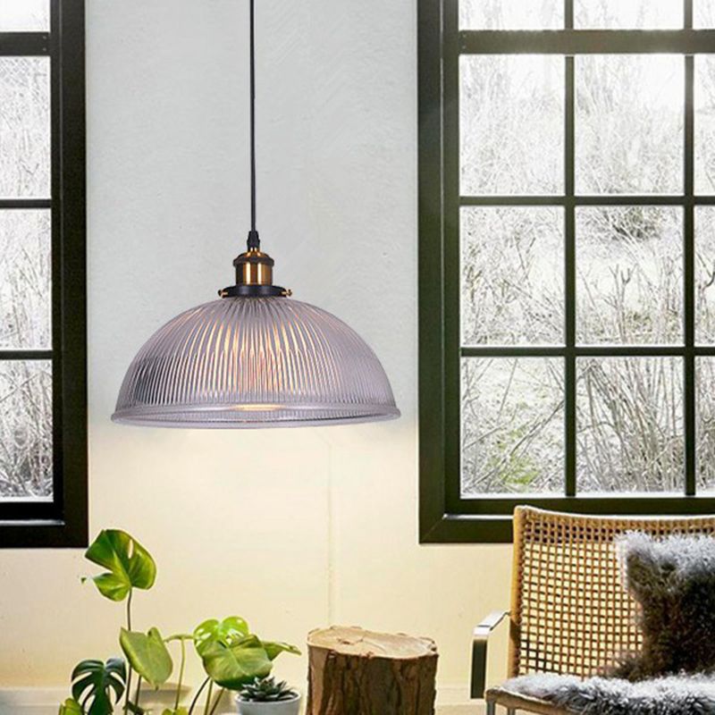 Single Ceiling Light Industrial Dome Clear Ribbed Glass Hanging Pendant Light for Restaurant