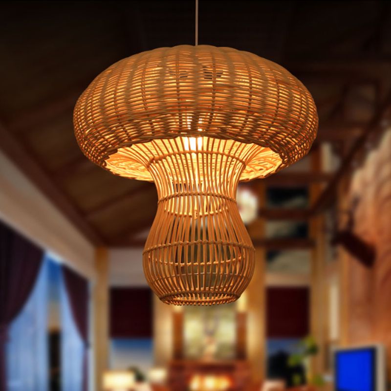 1 Light Hallway Hanging Light with Mushroom Rattan Shade Asian Style Brown/Beige Pendant Lighting