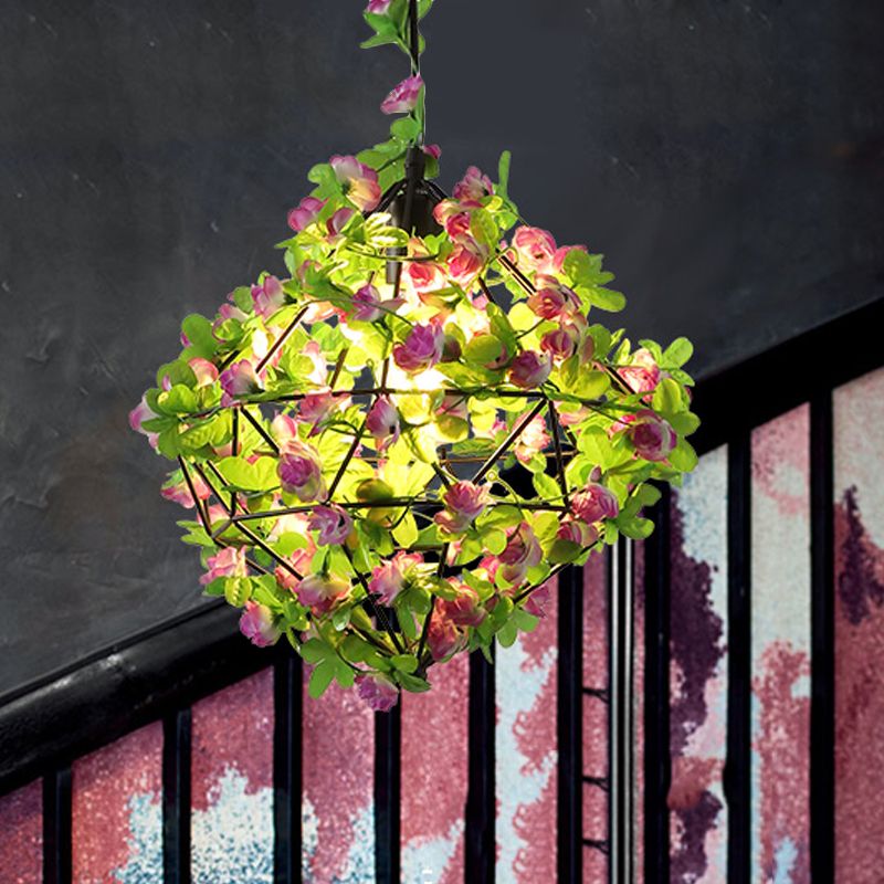 Metal Black Pendant Lighting Geometric 1-Head Industrial LED Suspension Lamp with Flower Decoration