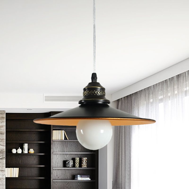 Saucer Iron Ceiling Pendant Lamp Industrial 1-Bulb Restaurant Suspension Lighting in Black, 8.5"/14.5" Wide