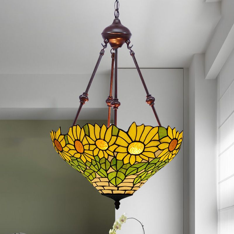 2 lumières Cuisine plafond lustre méditerranéen rouge / jaune / orange avec nuance de vitrail de fleur