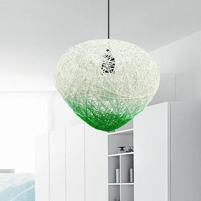 Woven Rattan Bird Nest Hanging Lamp Modern Single Bulb Restaurant Drop Light in Green/Red