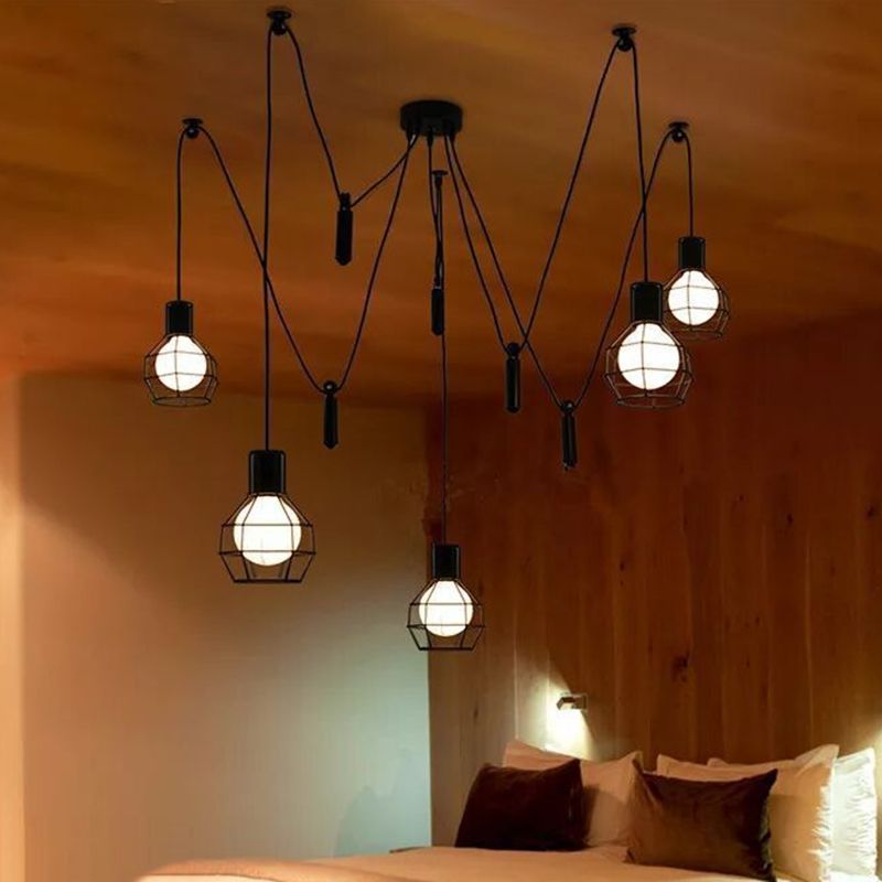 Caged Metal Pendant Lighting Industrial-Style Bedroom Hanging Pendant Light in Black