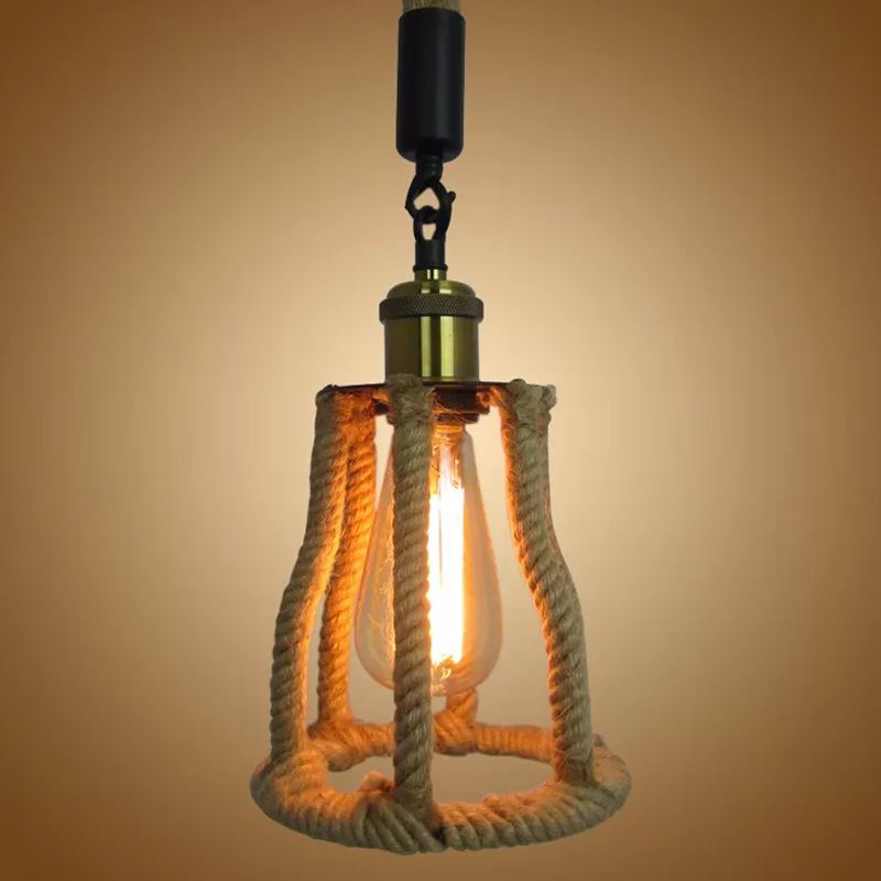 1-Bulb Natural Fiber Rope Pendant Rustic Brown Cage Sitting Room Suspension Lighting