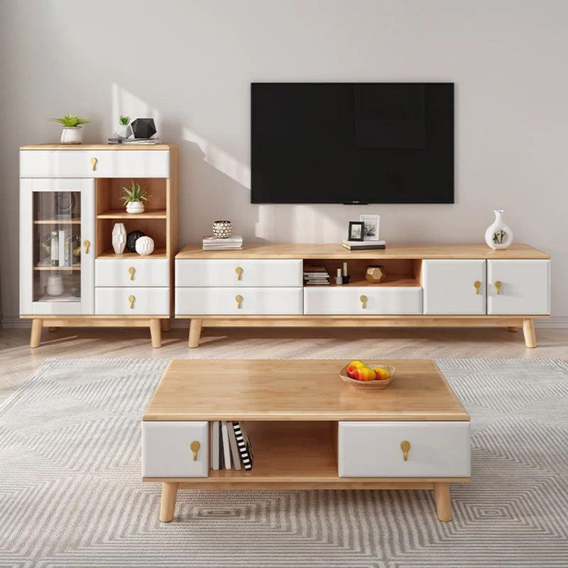 Scandinavian Wood TV Stand Console Open Storage TV Media Stand with Doors for Living Room