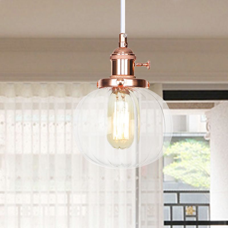 Global Pendant Light Fixture Vintage Style Amber/Clear Ridged Glass 1 Light Living Room Adjustable Ceiling Light in Black/Bronze/Brass