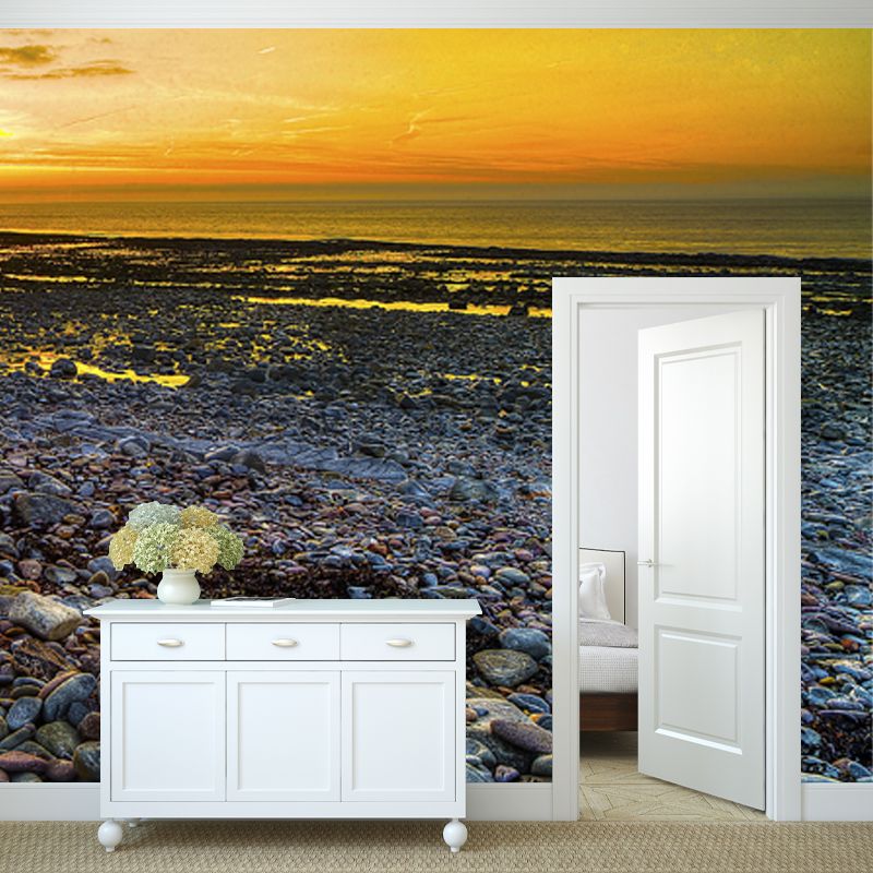 Yellow Sea Sunset Scene Mural Cobblestones Tropics Stain-Proof Wall Covering for Stairs