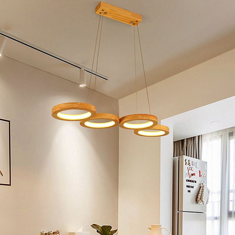 4/5 Lights Dining Room Chandelier with Orbicular Wood Shade Modernist Beige Led Hanging Pendant Light in Warm Light