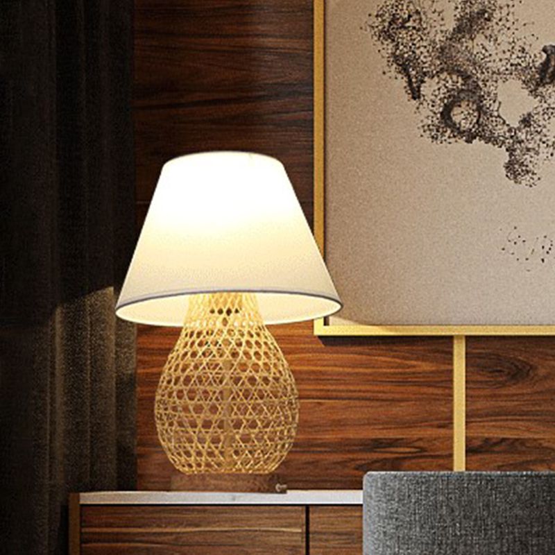 Asian Woven Oval Night Lamp Bamboo Rattan Single Bedroom Table Light with White Fabric Shade in Beige