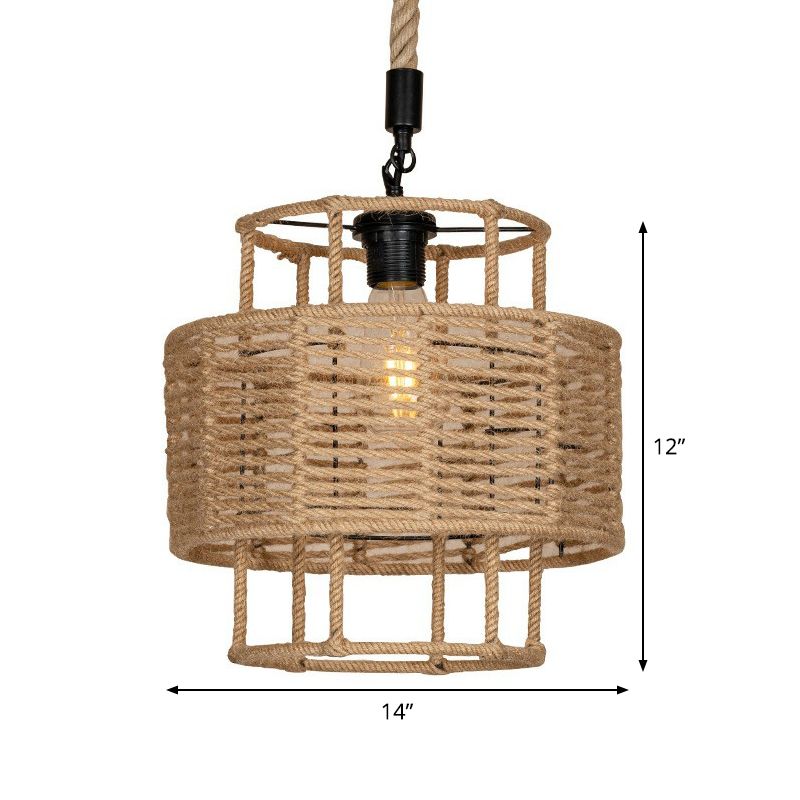 2-Layered Cylinder Rope Pendant Lamp Farmhouse 1 Head Living Room Ceiling Hang Light in Brown