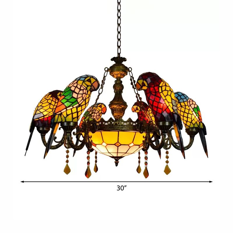 Dining Room Chandeliers Bronze, 9 Lights Tiffany Stained Glass Ceiling Light with Parrots Shade and Amber Crystal Decoration