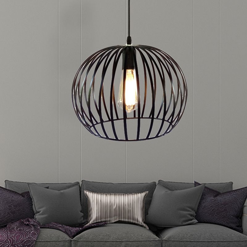 12"/14" Wide Globe Cage Metal Ceiling Light Industrial 1 Bulb Living Room Pendant Lighting in Satin Black