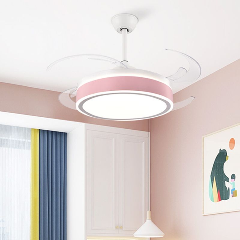 Metalen ronde hangende ventilator licht eenvoudig moderne 4 bladen led semi -spoel gemonteerde lamp in grijs/roze/blauw voor eetkamer, 47 "breed