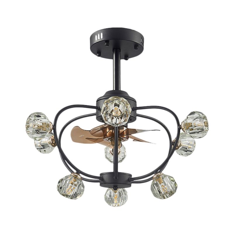 9 Bulbs Curved Metal Frame Pendant Fan Light Traditional Black Crystal Orb Shade Semi Flush with 5 Blades, 24.5" Wide