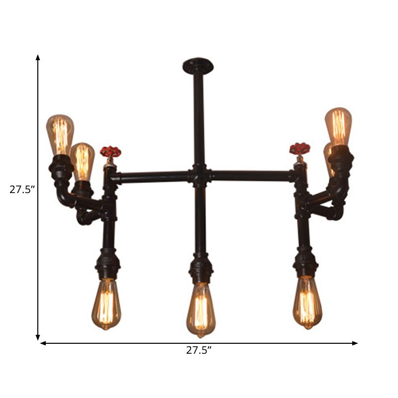 7 Bulbs Hanging Pendant Light Antique Style Water Pipe Metallic Chandelier Lighting with Red Valve in Black