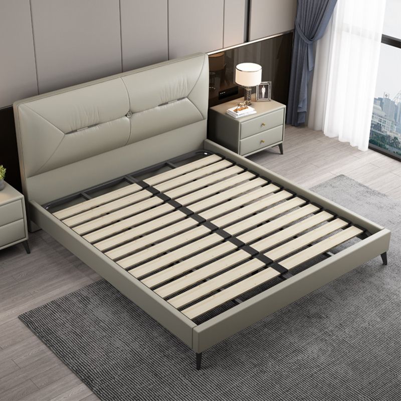 Contemporary Leather Standard Bed, Grey Upholstered Headboard Bed