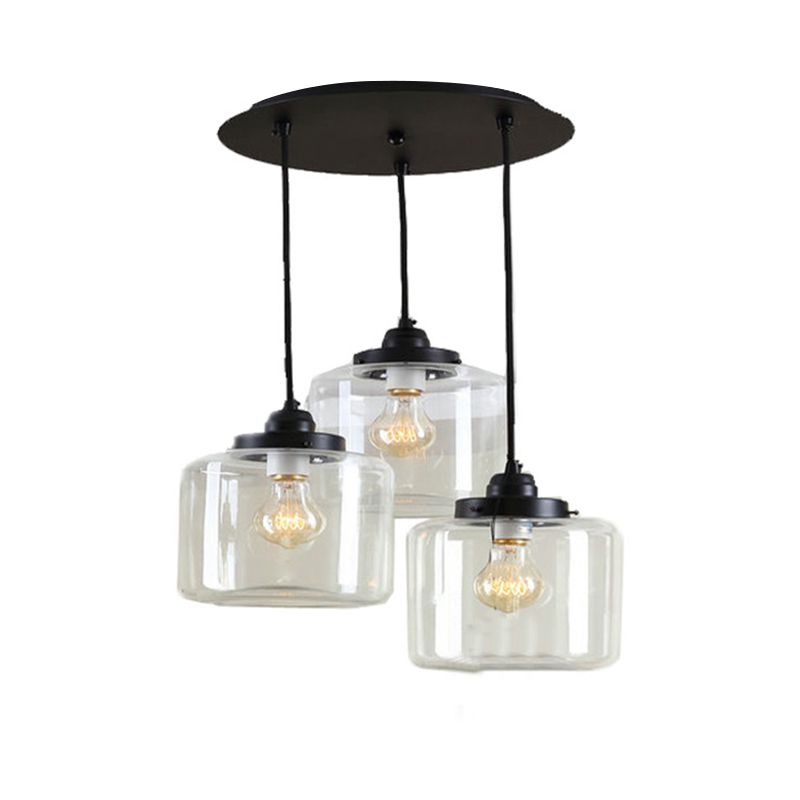 3 Lights Multiple Hanging Light Traditional Jar Shape Clear Glass Pendant Lighting in Black, Round Canopy