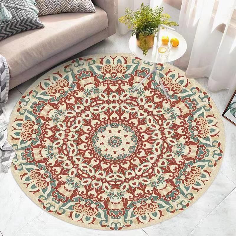 Retro Ethnic Style Round Rug Polyester Rug Stain Resistant Rug for Living Room Bedroom