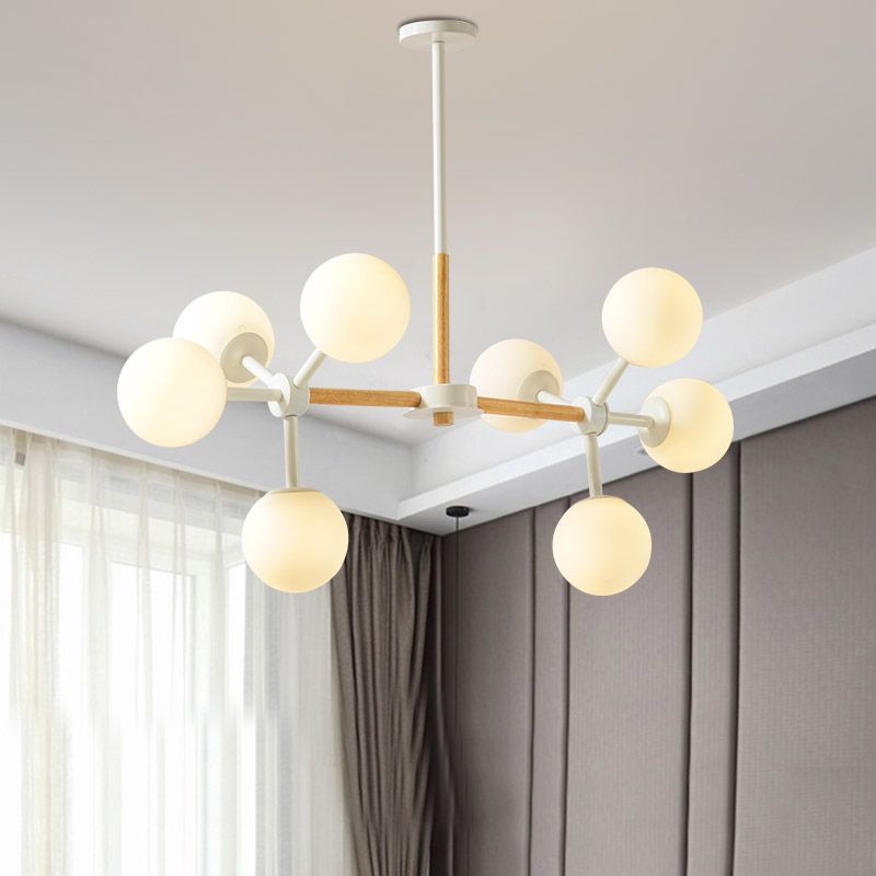 Modern White Chandelier Light Spherical Shade 8/12 Lights Opal Glass Hanging Light for Hotel Dining Table