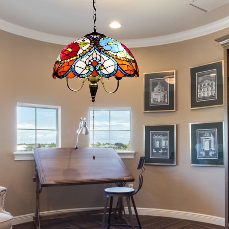 Victorian Bowl Pendant Lamp 3 Heads Black Stained Art Glass Ceiling Hanging Light with/without Pull Chain