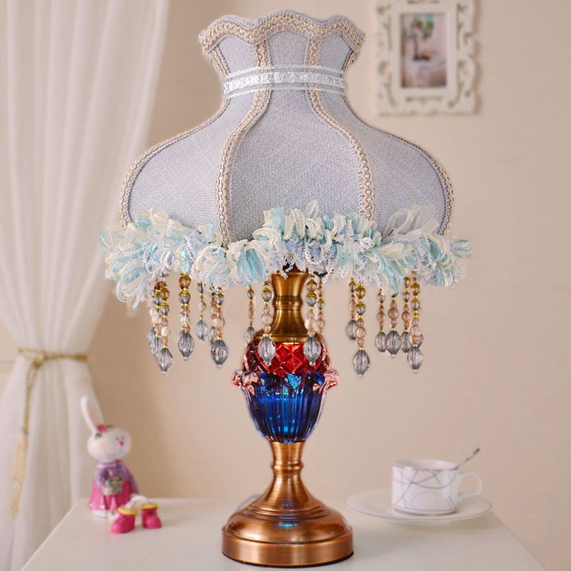 Light Blue Scalloped Table Light European 1 Bulb Fabric Lace Night Lamp with Drape and Crystal Accent