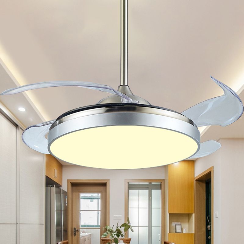 Contemporary Circular Semi Flush Light LED 42" W Acrylic Ceiling Fan Lighting in Silver with 4 Clear Blades, Remote/Wall Control/Frequency Conversion