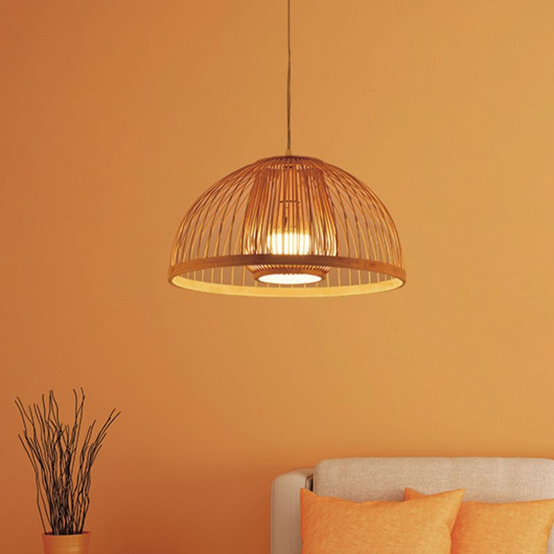 Asian Style Domed Hanging Light Bamboo Single Bulb Pendant Lamp over Dining Table, 16"/18" Diameter