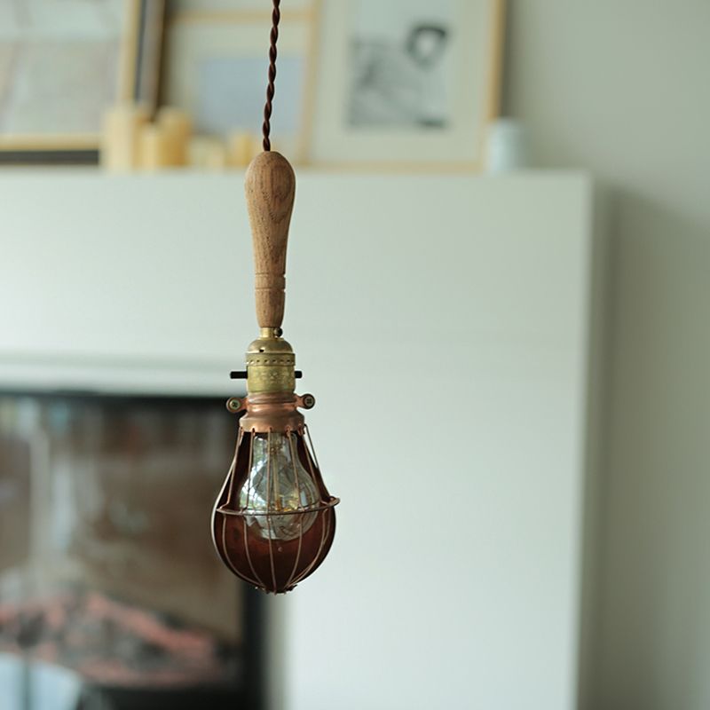 Rustic Bulb Shaped Mini Hanging Light 1 Head Wood Down Lighting Pendant with Cage Guard