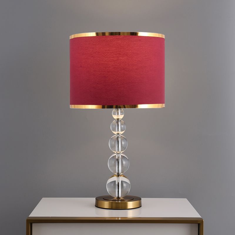 1-Head Drum Shade Nightstand Lamp Traditional Burgundy/Beige Fabric Table Light with Spherical Crystal Post